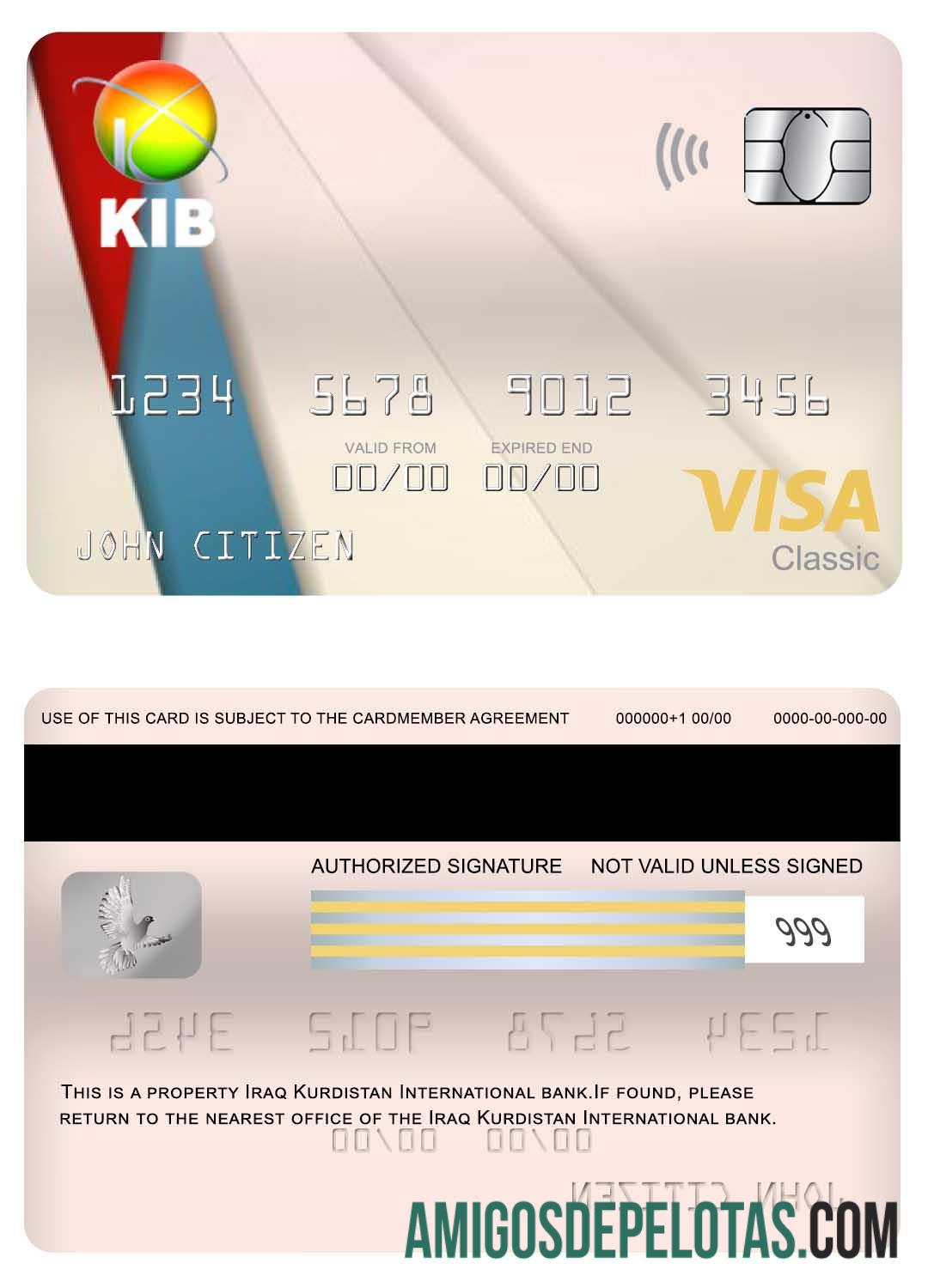 Cartão Visa Classic do Banco Internacional do Iraque Curdistão modelo